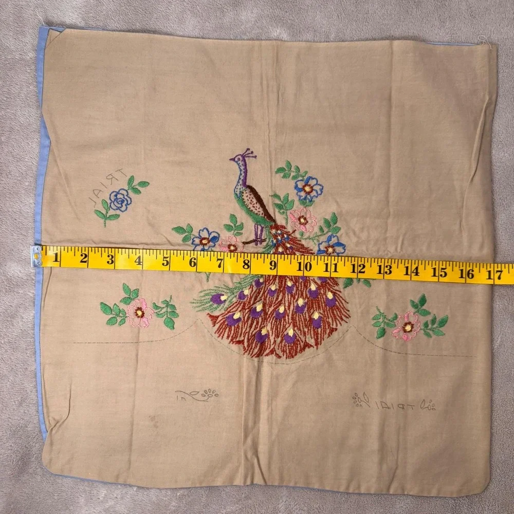 Vintage Peacock Embroidered Pillow‎ Cover Cottagecore Artsy Retro Decor 17x17